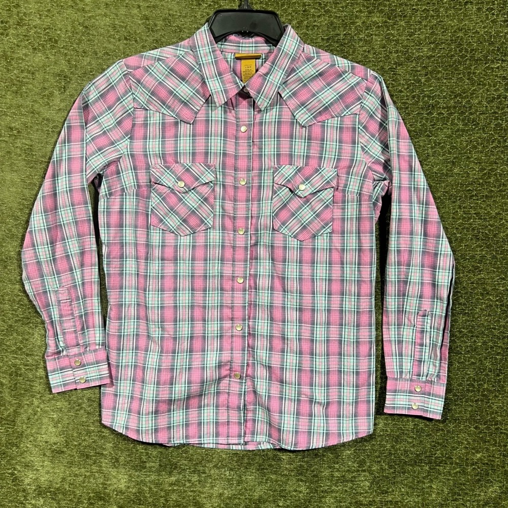 Wrangler Western Snap Shirt Womens Large Pink Teal Plaid Long Sleeve 112327221